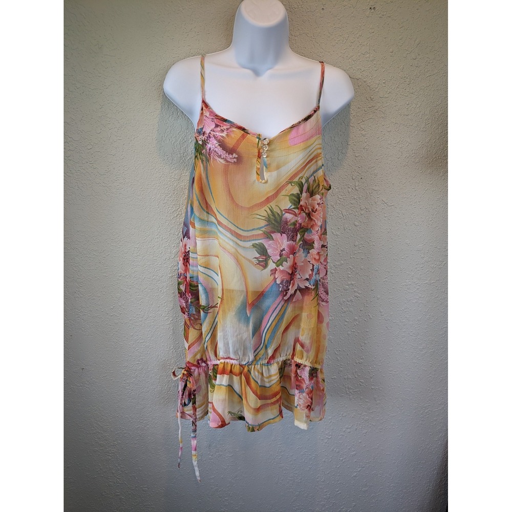 Vtg Retro Sheer Tunic Tank Step In Style LARGE Hippie Fairy‎ Tropical Floral Art